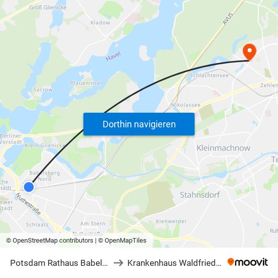 Potsdam Rathaus Babelsberg to Krankenhaus Waldfriede e. V. map