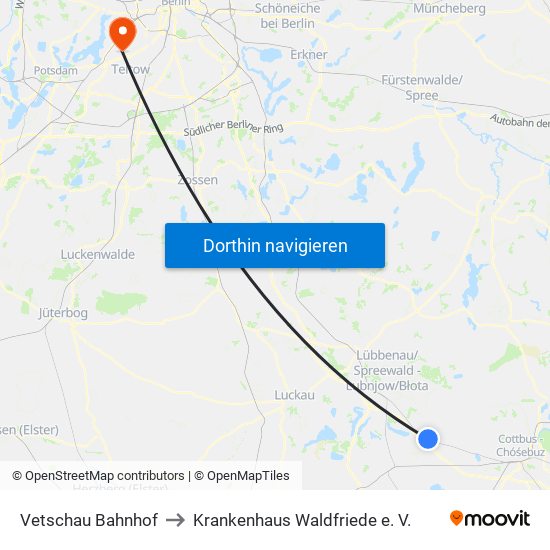 Vetschau Bahnhof to Krankenhaus Waldfriede e. V. map