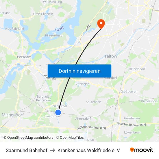 Saarmund Bahnhof to Krankenhaus Waldfriede e. V. map