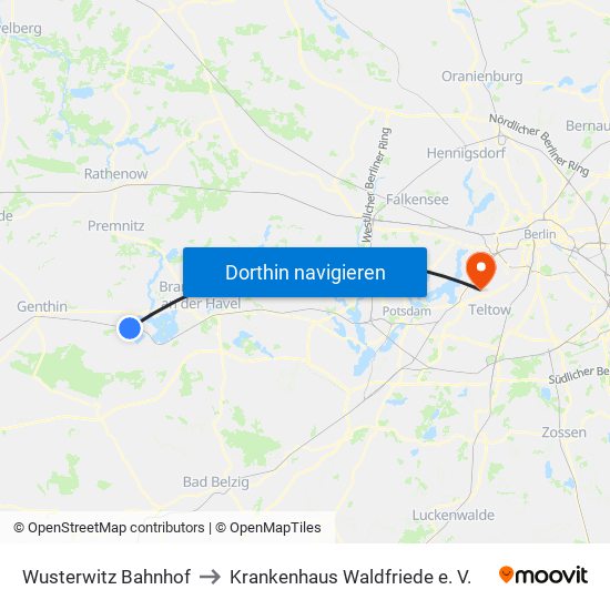 Wusterwitz Bahnhof to Krankenhaus Waldfriede e. V. map