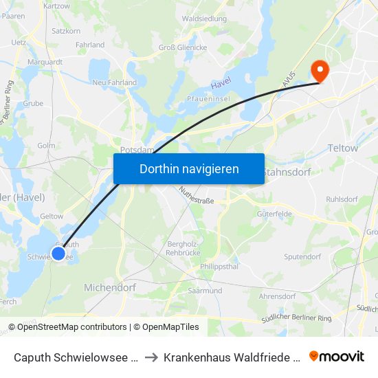 Caputh Schwielowsee Bhf to Krankenhaus Waldfriede e. V. map