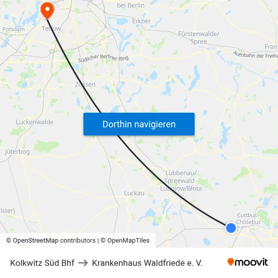 Kolkwitz Süd Bhf to Krankenhaus Waldfriede e. V. map