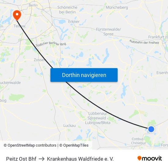 Peitz Ost Bhf to Krankenhaus Waldfriede e. V. map