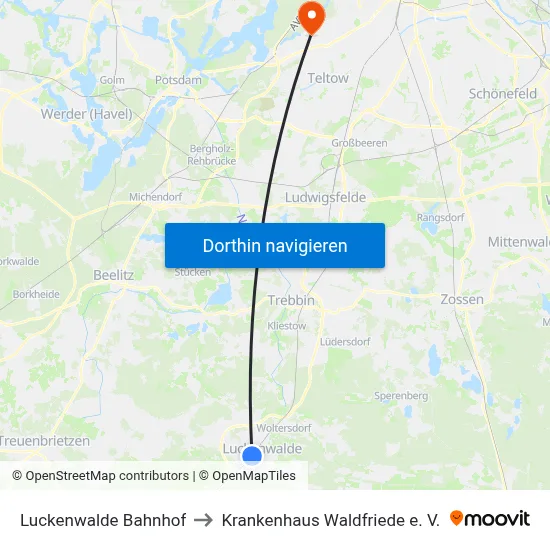 Luckenwalde Bahnhof to Krankenhaus Waldfriede e. V. map