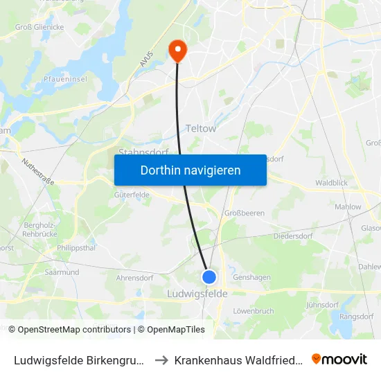 Ludwigsfelde Birkengrund Bhf to Krankenhaus Waldfriede e. V. map