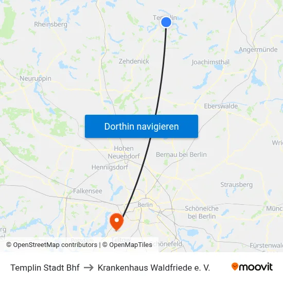 Templin Stadt Bhf to Krankenhaus Waldfriede e. V. map