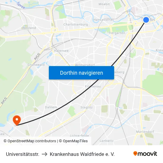 Universitätsstr. to Krankenhaus Waldfriede e. V. map