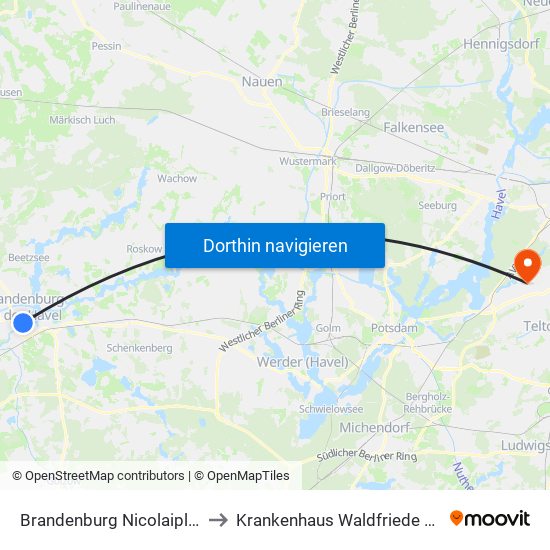 Brandenburg Nicolaiplatz to Krankenhaus Waldfriede e. V. map