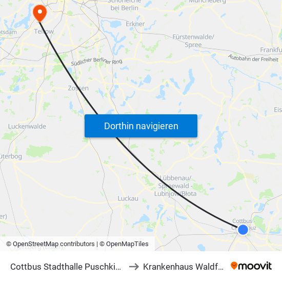 Cottbus Stadthalle Puschkinpromenade to Krankenhaus Waldfriede e. V. map