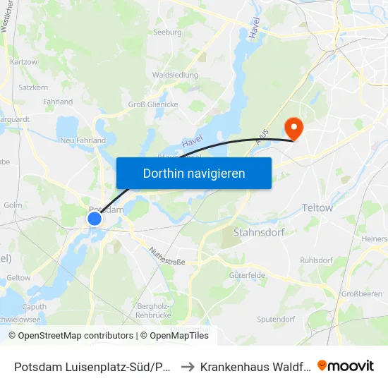 Potsdam Luisenplatz-Süd/Park Sanssouci to Krankenhaus Waldfriede e. V. map