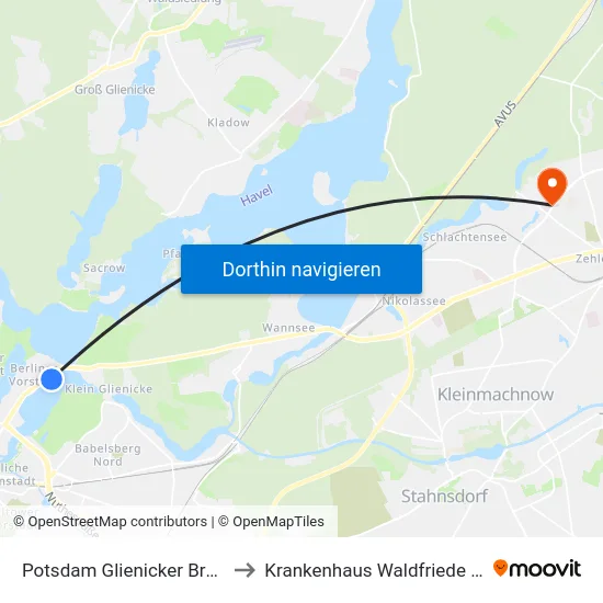 Potsdam Glienicker Brücke to Krankenhaus Waldfriede e. V. map