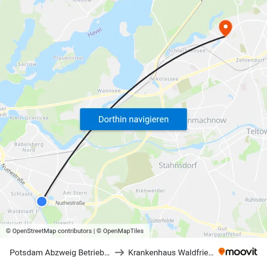 Potsdam Abzweig Betriebshof Vip to Krankenhaus Waldfriede e. V. map