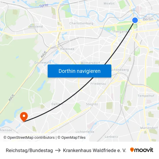 Reichstag/Bundestag to Krankenhaus Waldfriede e. V. map