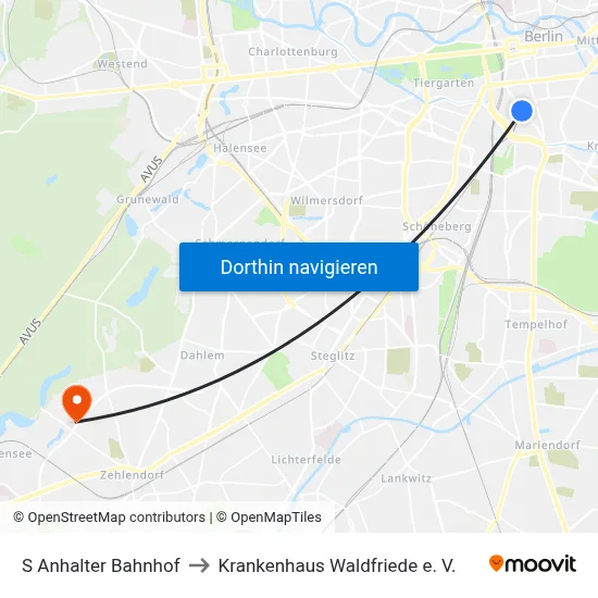 S Anhalter Bahnhof to Krankenhaus Waldfriede e. V. map