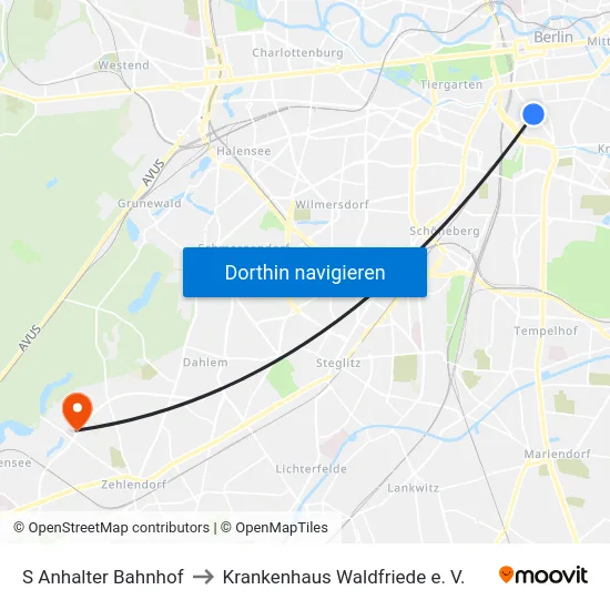 S Anhalter Bahnhof to Krankenhaus Waldfriede e. V. map