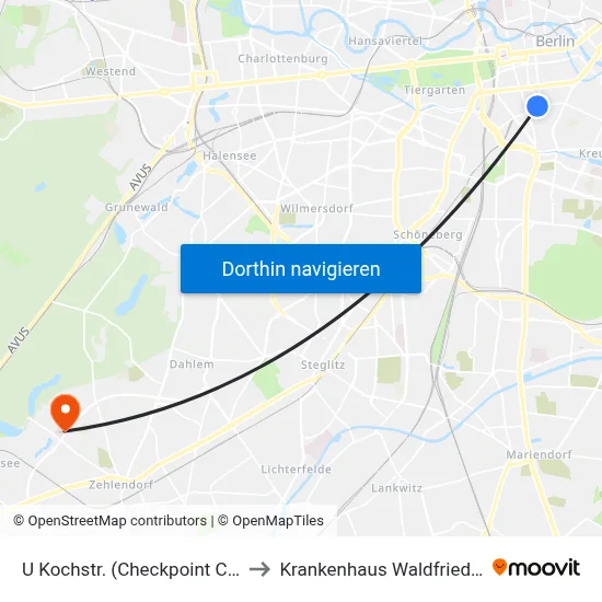 U Kochstr. (Checkpoint Charlie) to Krankenhaus Waldfriede e. V. map