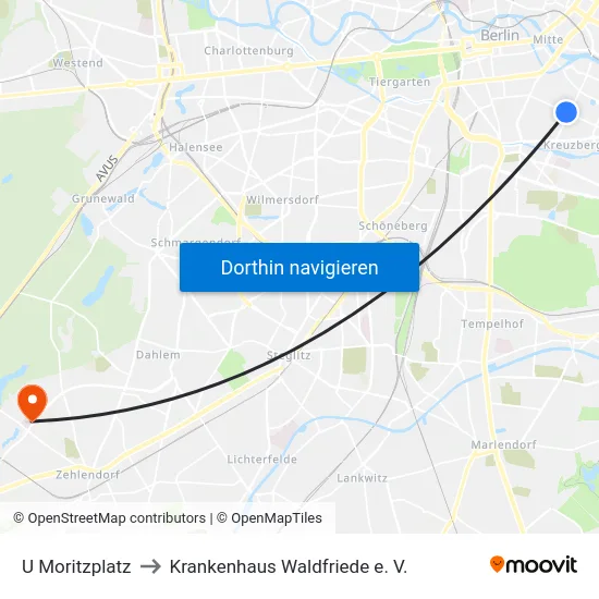 U Moritzplatz to Krankenhaus Waldfriede e. V. map