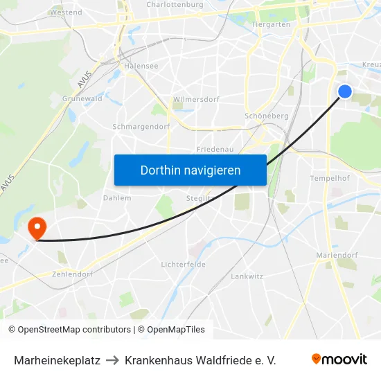 Marheinekeplatz to Krankenhaus Waldfriede e. V. map