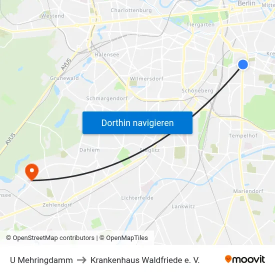 U Mehringdamm to Krankenhaus Waldfriede e. V. map