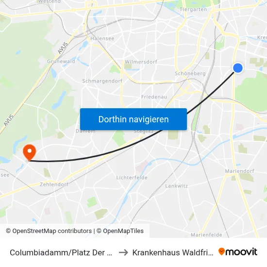 Columbiadamm/Platz Der Luftbrücke to Krankenhaus Waldfriede e. V. map