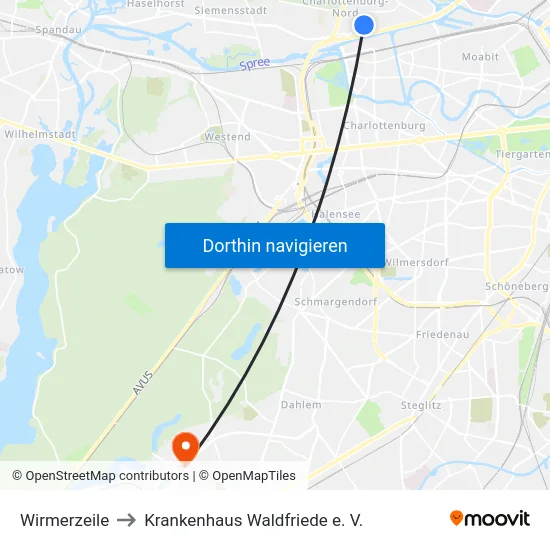 Wirmerzeile to Krankenhaus Waldfriede e. V. map