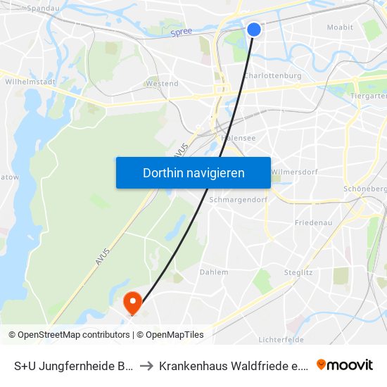 S+U Jungfernheide Bhf to Krankenhaus Waldfriede e. V. map