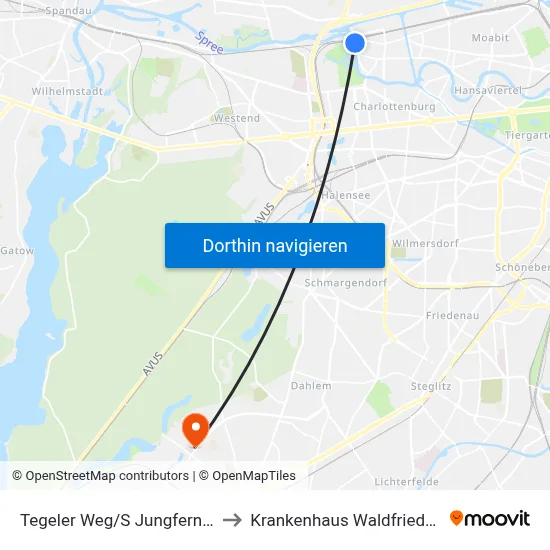 Tegeler Weg/S Jungfernheide to Krankenhaus Waldfriede e. V. map