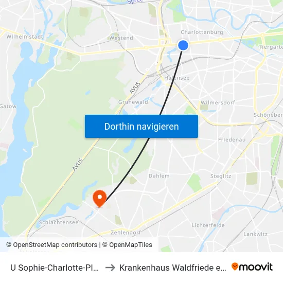 U Sophie-Charlotte-Platz to Krankenhaus Waldfriede e. V. map