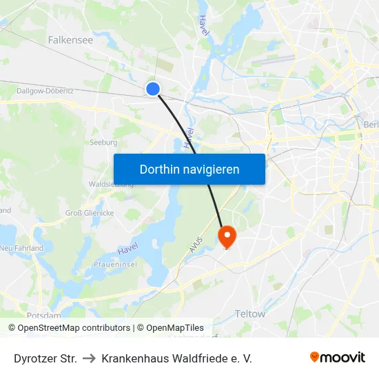 Dyrotzer Str. to Krankenhaus Waldfriede e. V. map