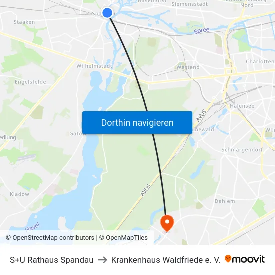 S+U Rathaus Spandau to Krankenhaus Waldfriede e. V. map