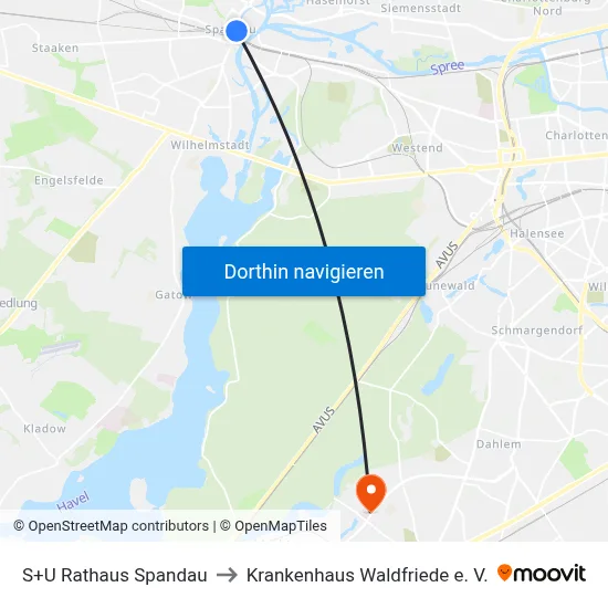 S+U Rathaus Spandau to Krankenhaus Waldfriede e. V. map