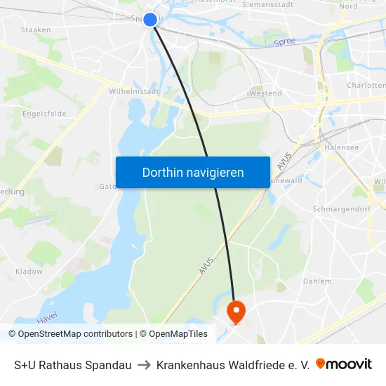 S+U Rathaus Spandau to Krankenhaus Waldfriede e. V. map
