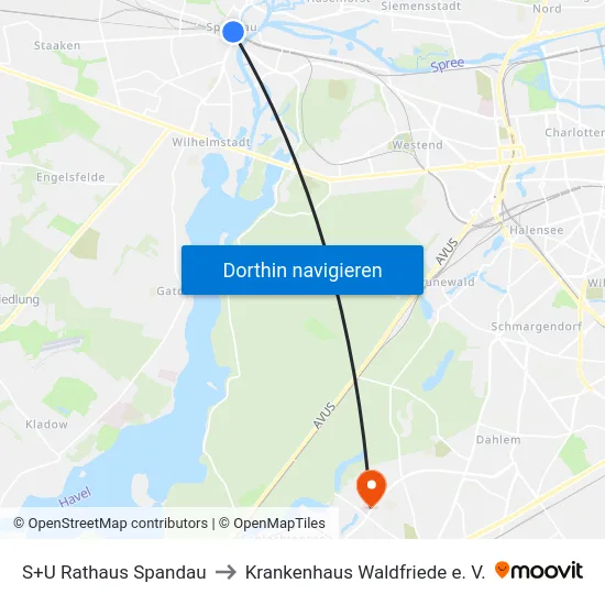 S+U Rathaus Spandau to Krankenhaus Waldfriede e. V. map