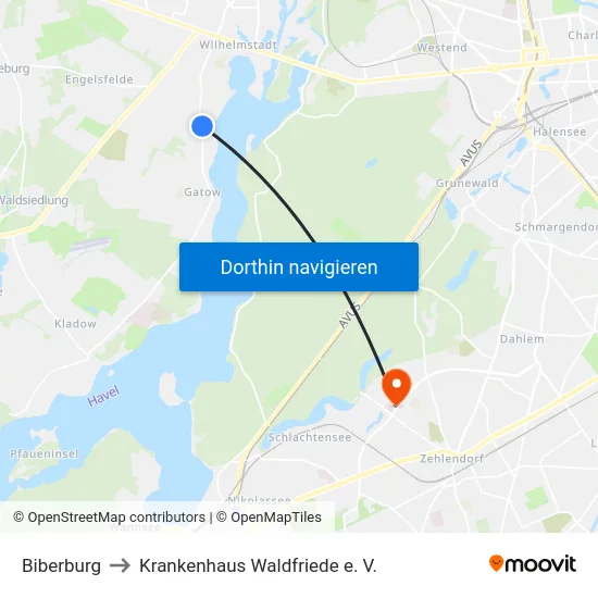 Biberburg to Krankenhaus Waldfriede e. V. map