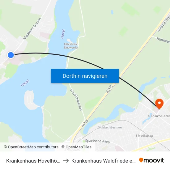 Krankenhaus Havelhöhe to Krankenhaus Waldfriede e. V. map