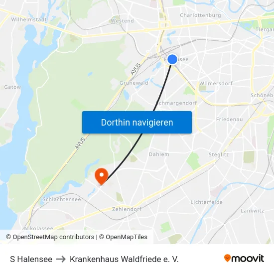 S Halensee to Krankenhaus Waldfriede e. V. map
