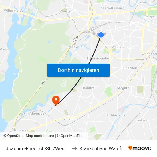 Joachim-Friedrich-Str./Westfälische Str. to Krankenhaus Waldfriede e. V. map