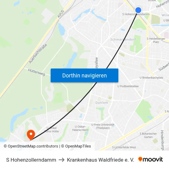 S Hohenzollerndamm to Krankenhaus Waldfriede e. V. map
