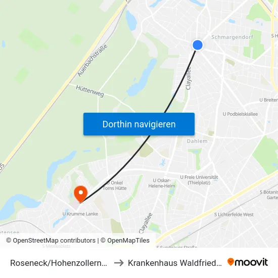 Roseneck/Hohenzollerndamm to Krankenhaus Waldfriede e. V. map