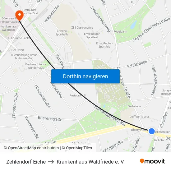 Zehlendorf Eiche to Krankenhaus Waldfriede e. V. map