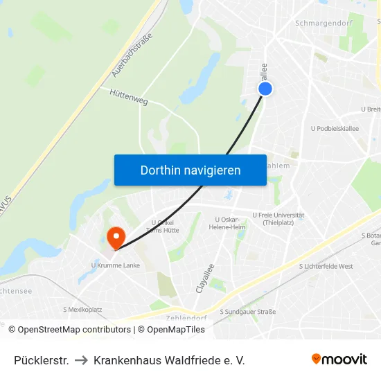Pücklerstr. to Krankenhaus Waldfriede e. V. map