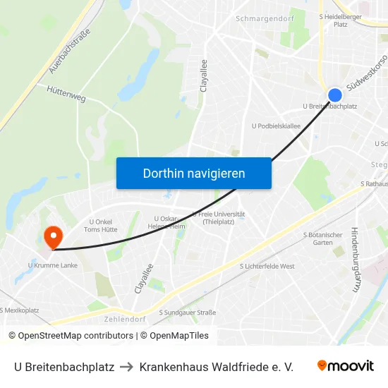 U Breitenbachplatz to Krankenhaus Waldfriede e. V. map