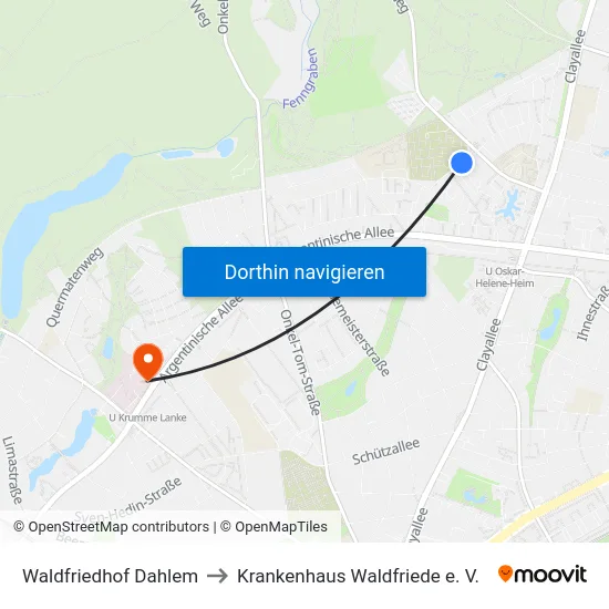 Waldfriedhof Dahlem to Krankenhaus Waldfriede e. V. map