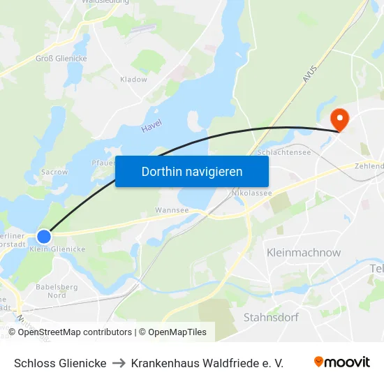 Schloss Glienicke to Krankenhaus Waldfriede e. V. map