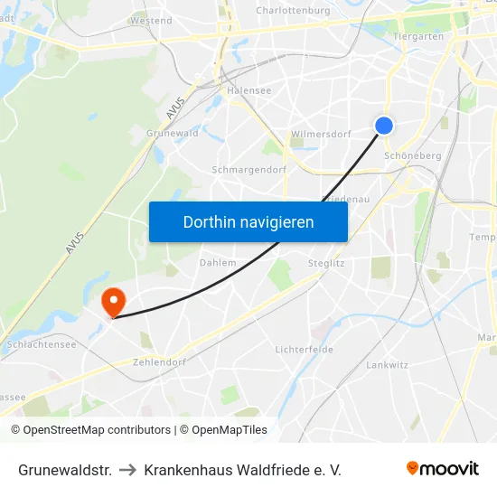 Grunewaldstr. to Krankenhaus Waldfriede e. V. map