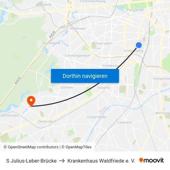 S Julius-Leber-Brücke to Krankenhaus Waldfriede e. V. map