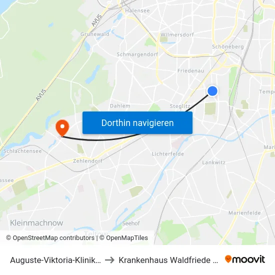 Auguste-Viktoria-Klinikum to Krankenhaus Waldfriede e. V. map
