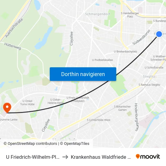 U Friedrich-Wilhelm-Platz to Krankenhaus Waldfriede e. V. map