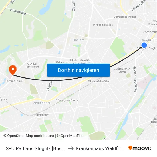 S+U Rathaus Steglitz [Busbahnhof] to Krankenhaus Waldfriede e. V. map