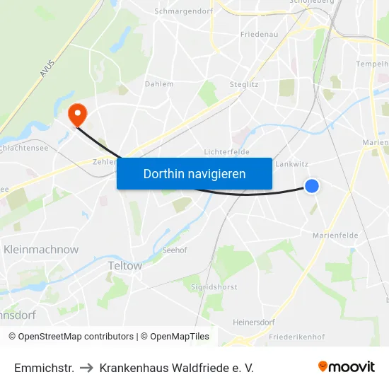 Emmichstr. to Krankenhaus Waldfriede e. V. map